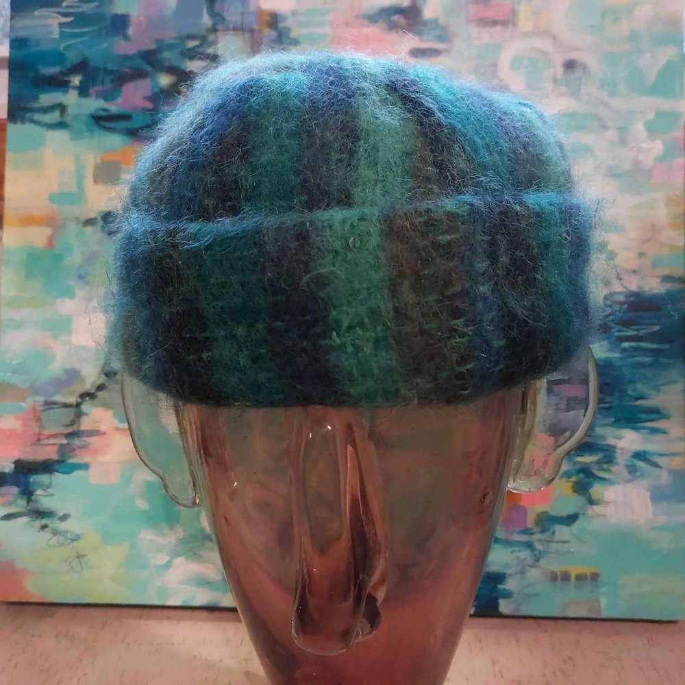Vintage mohair Donegal hat in greens and blues